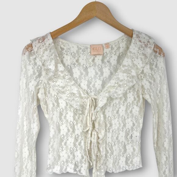 Good Luck Gem Ivory Lace Tie Front Long Sleeve Coquette Top Size Small - Picture 6 of 7